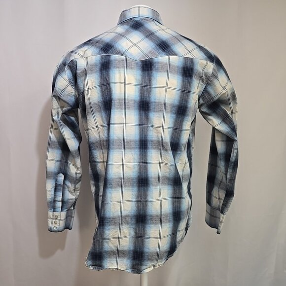 Wrangler Sawtooth Shirt Mens Size Medium Blue Plaid Western Pearl Snap Cowboy - Picture 3 of 8